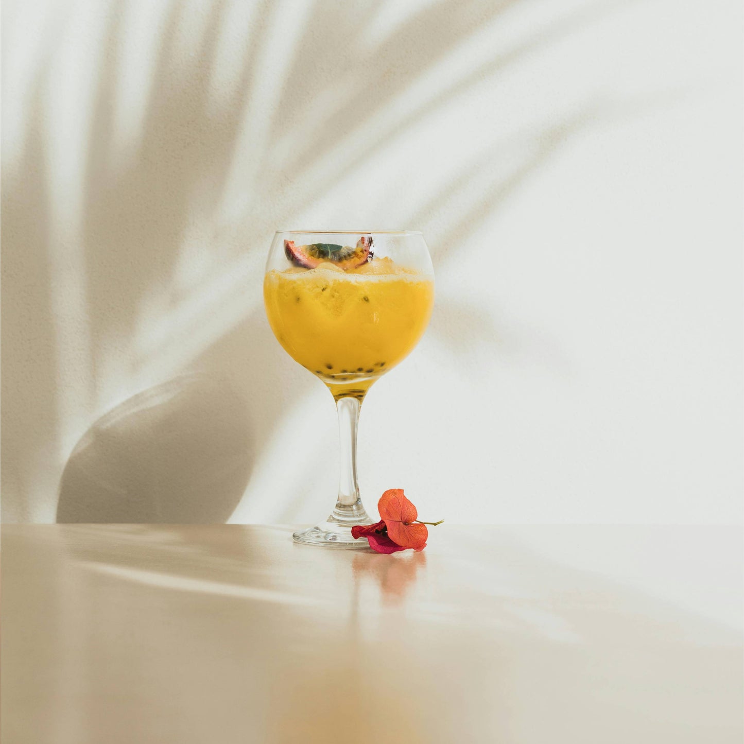 Orange Cocktail Against White Wall With Palm Leaf Shadow
