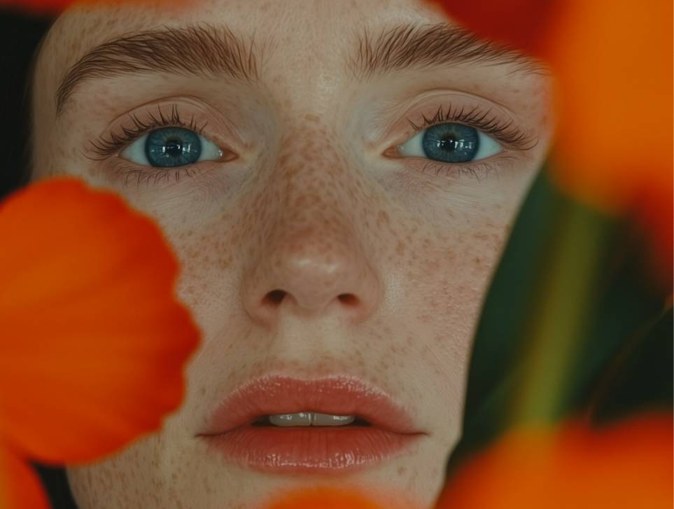Close Up Woman With Freckles & Orange Petals