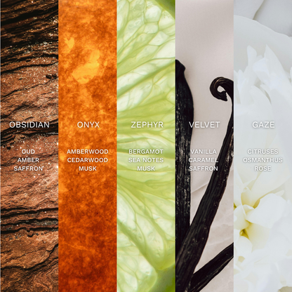 A vertical fragrance scent strip with five color panels labeled Obsidian, Onyx, Zephyr, Velvet, and Gaze, each paired with scent notes such as oud amber saffron, amberwood cedarwood musk, bergamot sea notes musk, vanilla caramel saffron, and citrus osmanthus rose.